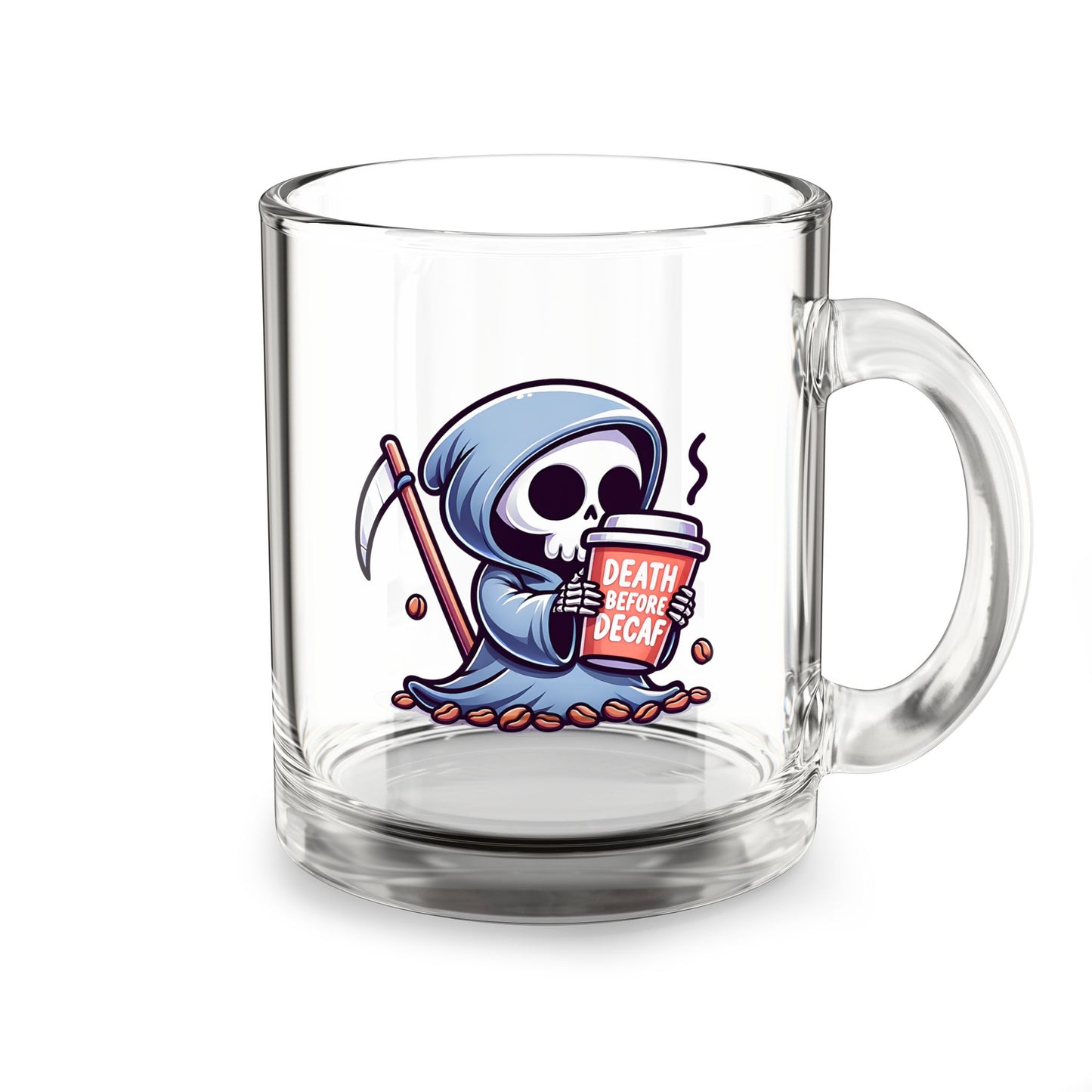 DEATH OVER DECAF!!! Glass Mug, 10oz Coffee Mug, Perfect Gift for Halloween, Unique Skull Mug, Quirky Kitchen Decor, Birthday Gift Idea