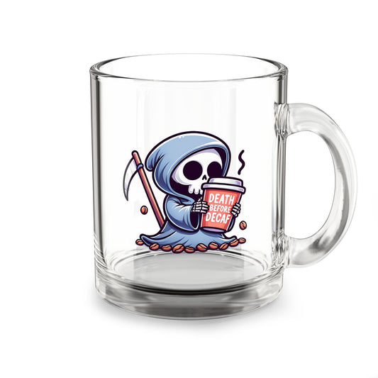 DEATH OVER DECAF!!! Glass Mug, 10oz Coffee Mug, Perfect Gift for Halloween, Unique Skull Mug, Quirky Kitchen Decor, Birthday Gift Idea