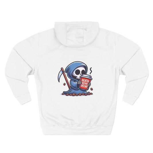 Cute Grim Reaper sipping coffee Hoodie | Death Before Decaf design
