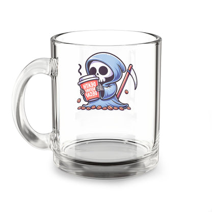 DEATH OVER DECAF!!! Glass Mug, 10oz Coffee Mug, Perfect Gift for Halloween, Unique Skull Mug, Quirky Kitchen Decor, Birthday Gift Idea