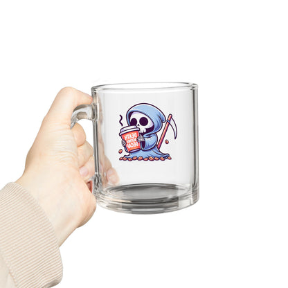DEATH OVER DECAF!!! Glass Mug, 10oz Coffee Mug, Perfect Gift for Halloween, Unique Skull Mug, Quirky Kitchen Decor, Birthday Gift Idea