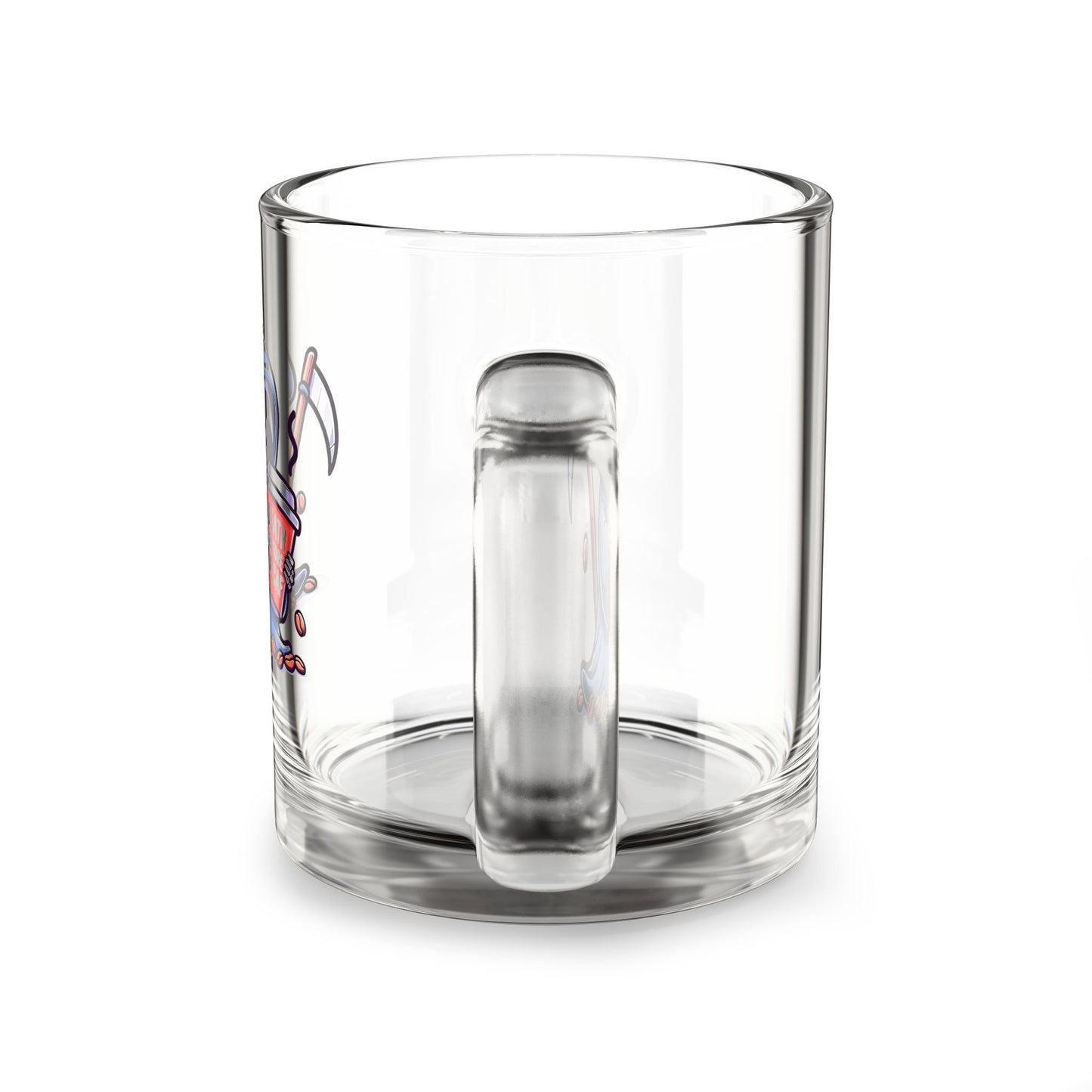 DEATH OVER DECAF!!! Glass Mug, 10oz Coffee Mug, Perfect Gift for Halloween, Unique Skull Mug, Quirky Kitchen Decor, Birthday Gift Idea